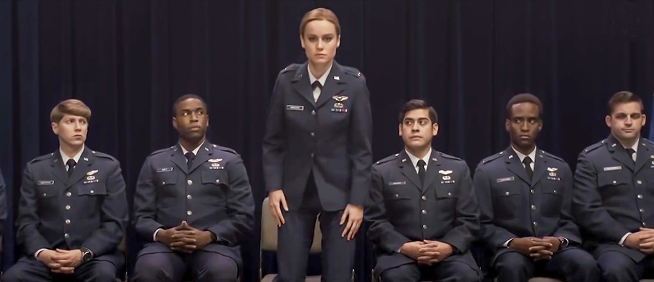 Brie Larson and Central Casting Background Actors in Captain Marvel.