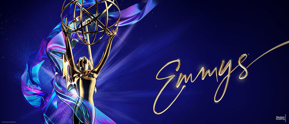 Emmy statue on a blue background with Emmys logo.