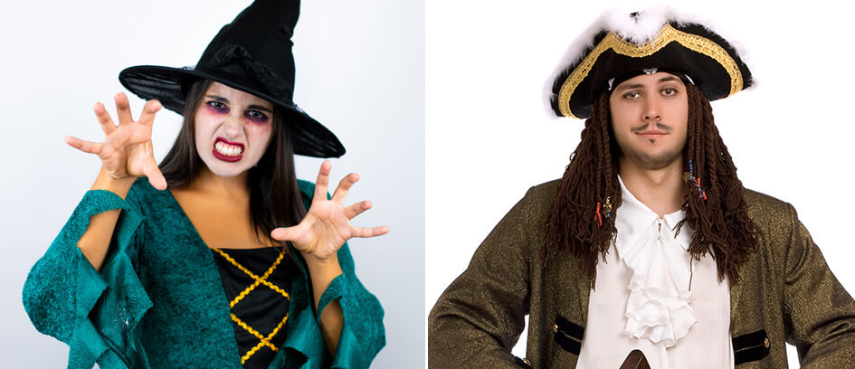 A woman in a witch costume and a man in a pirate costume.