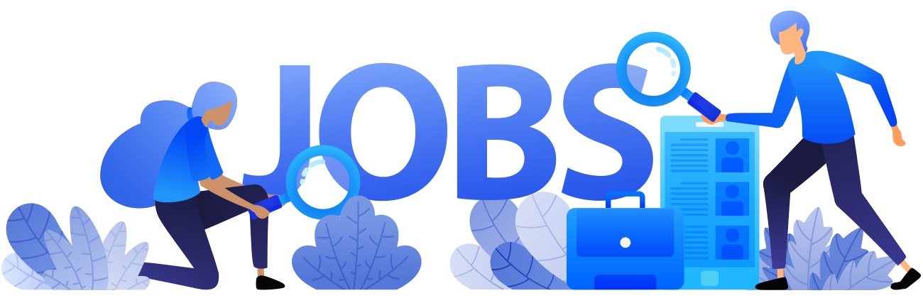 The word jobs in blue text with an illustrated person on each side.