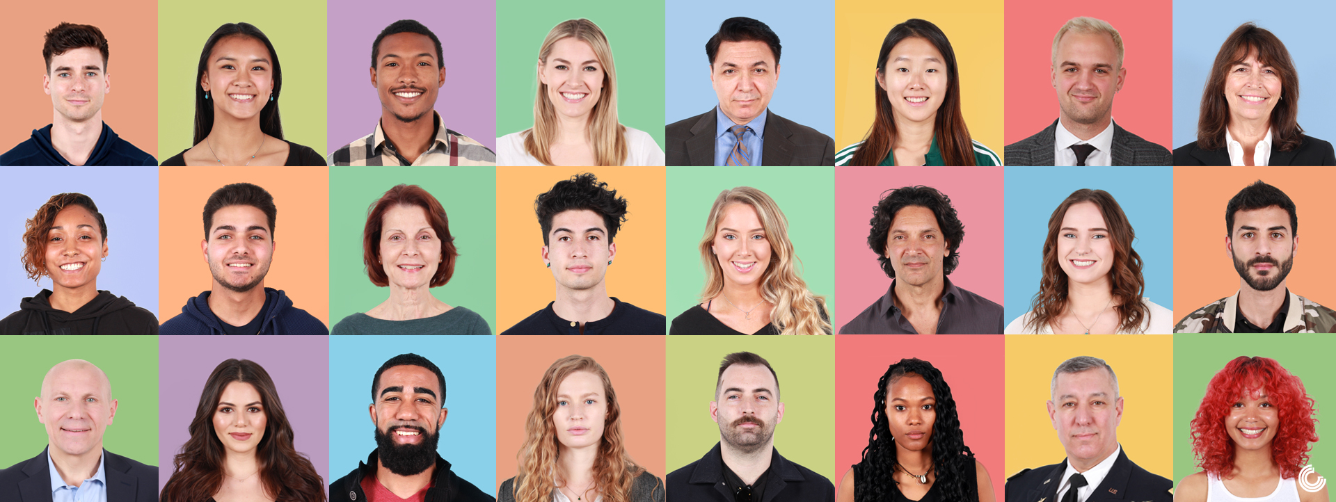 Grid of multi-color squares of diverse Background Actors cast by Central Casting’s Los Angeles Casting Directors.