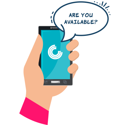 Illustration of a hand holding a cell phone with a text bubble reading 'are you available?'