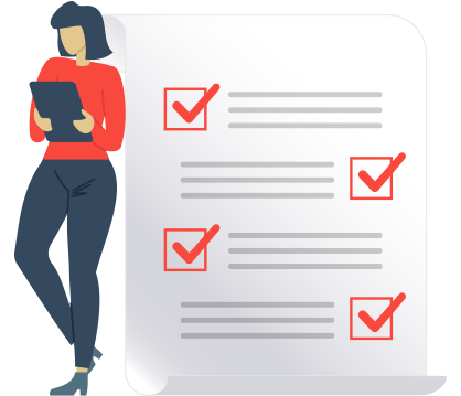 Illustrated woman halding a tablet standing next to a checklist.