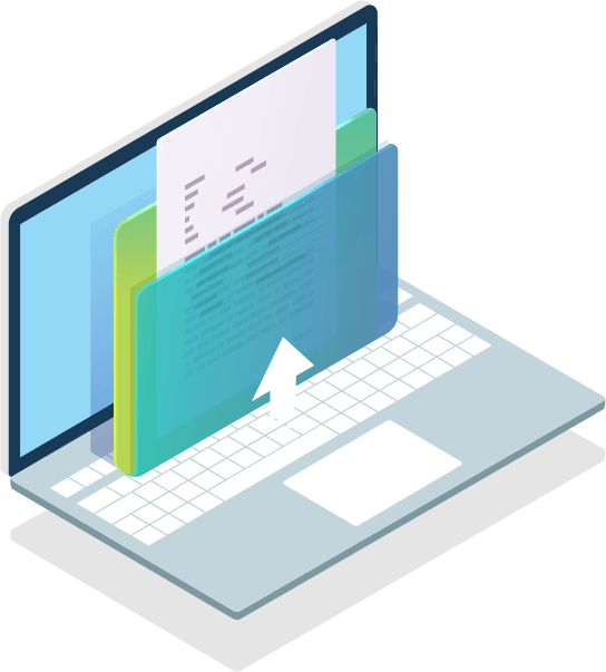 Illustration of a computer uploading files.