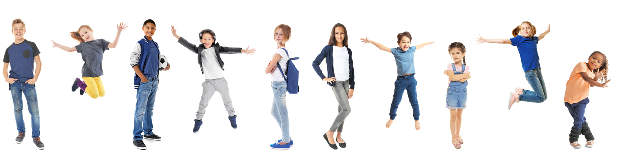 Happy diverse children jumping on a white background.