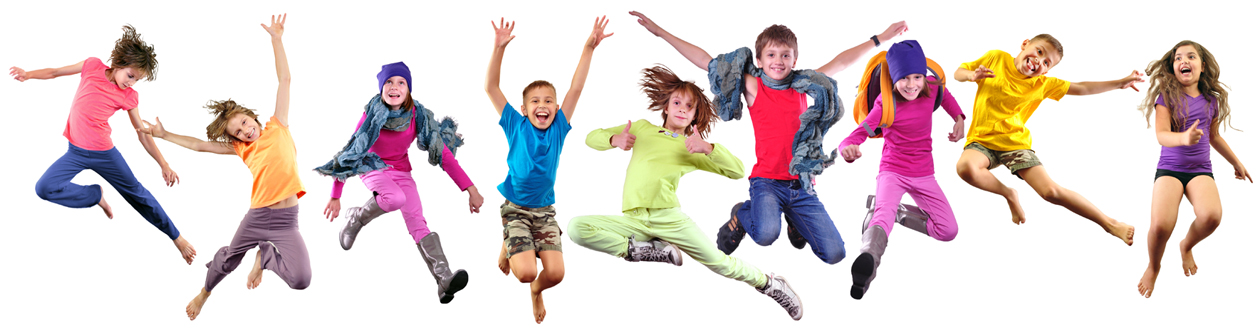 Happy diverse children jumping on a white background.