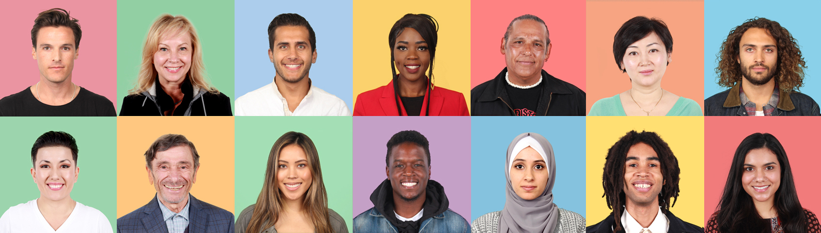 Grid of multi-color squares of diverse people you can hire for background casting through Central Casting.